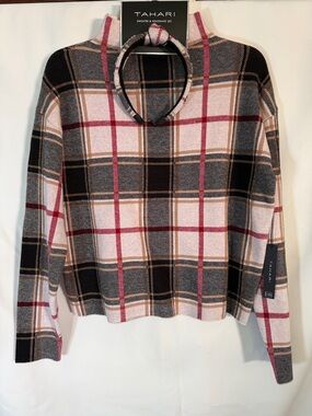 Tahari Pink, Black & Tan Plaid Crewneck Sweater with Headband